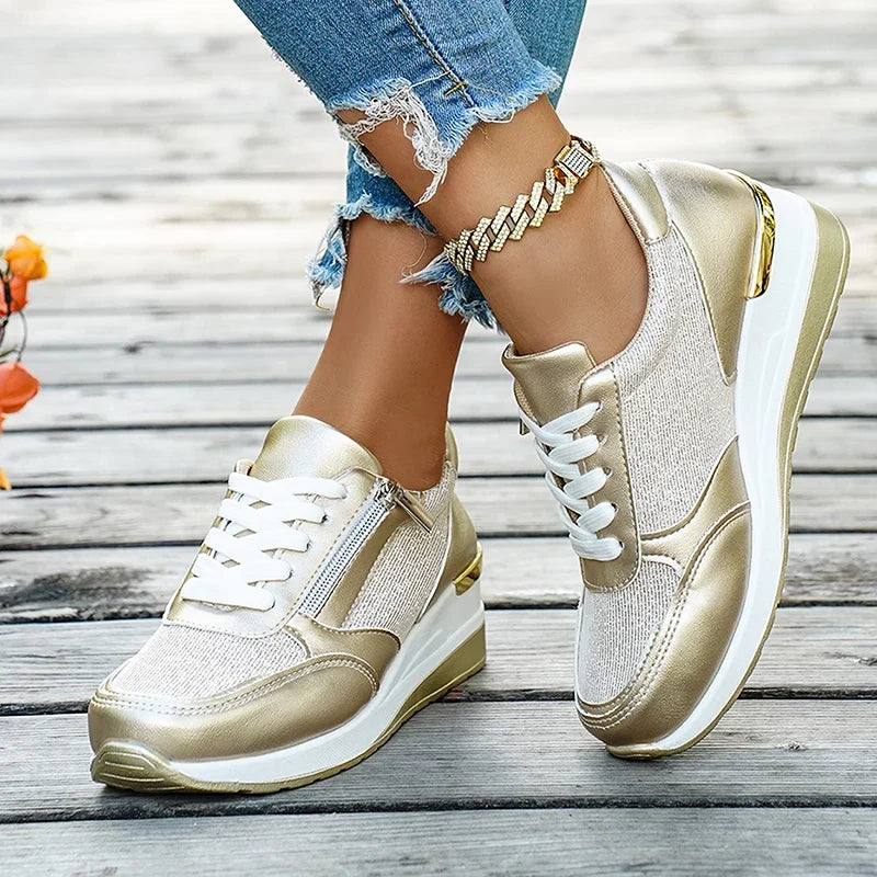 Plus Size 44 Wedges Sneakers Women Fashion Pink Gold Lace Up Platform Sports Shoes Woman Non Slip Thick Bottom Vulcanized Shoes