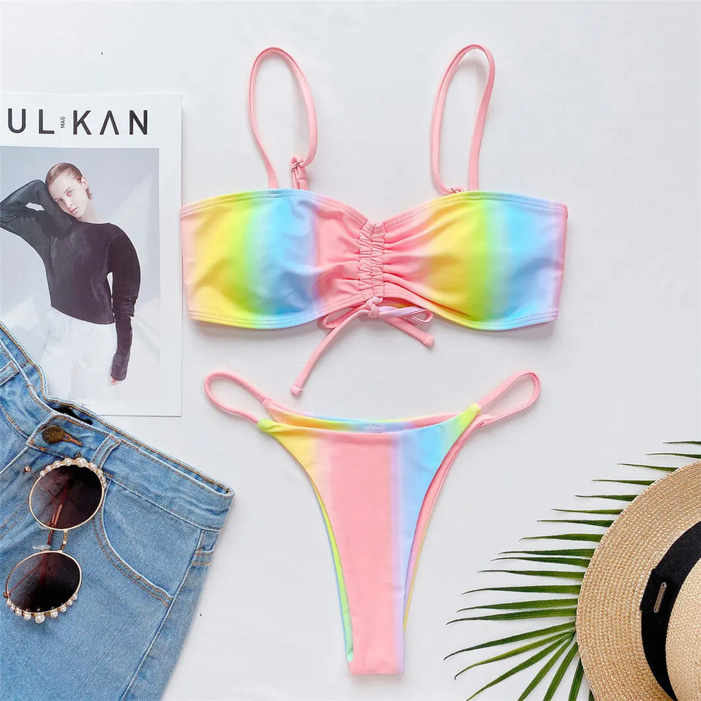 Rainbow Printed Micro Thong Lace Up Bikini Female Swimsuit Two-Pieces Bikini Set Bather Bathing Suit Swim Women Swimwear V3075