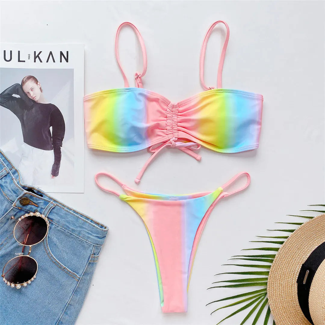 Rainbow Printed Micro Thong Lace Up Bikini Female Swimsuit Two-Pieces Bikini Set Bather Bathing Suit Swim Women Swimwear V3075