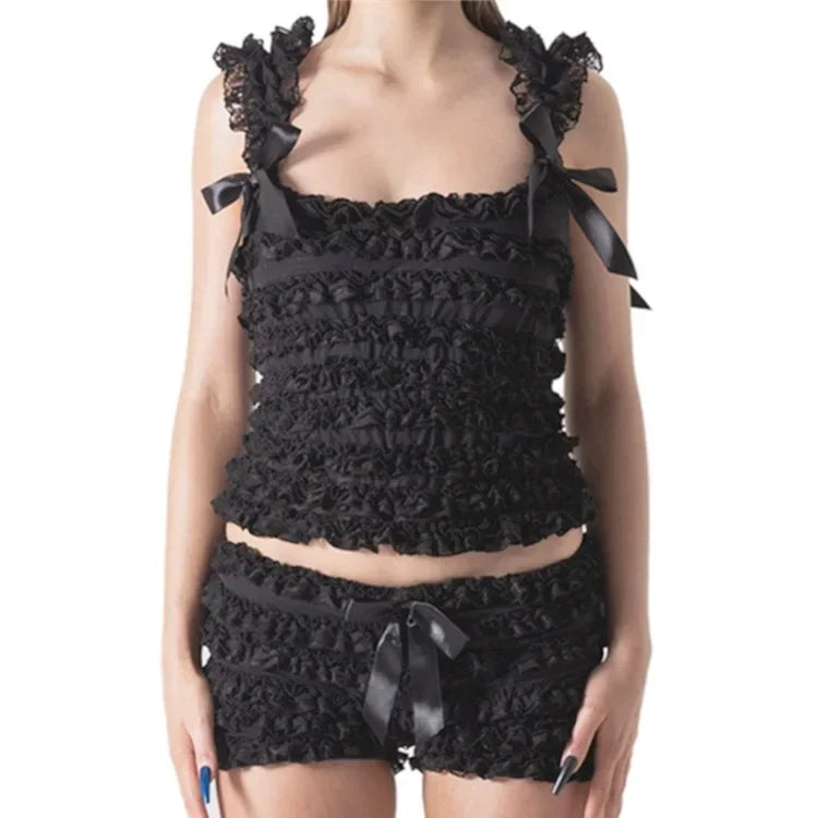 2 Piece Sets Women's Layered Ruffle Lace Sleeveless Vest Tops and Bow Shorts Sets 2024 Summer Casual Gothic Y2K Loungewear
