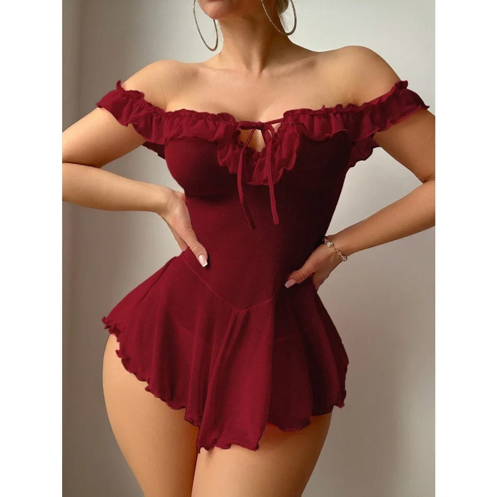 Large size pure lust style burgundy mesh jumpsuit one-shoulder ruffled sexy lingerie