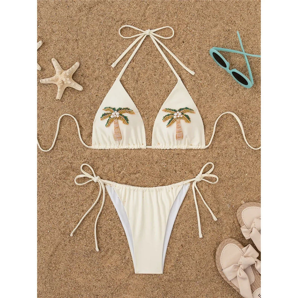 Coconut tree Printed Halter Bikini Female Swimsuit Women Swimwear Two-Pieces Bikini Set Padded Bather Bathing Suit Swim V7308