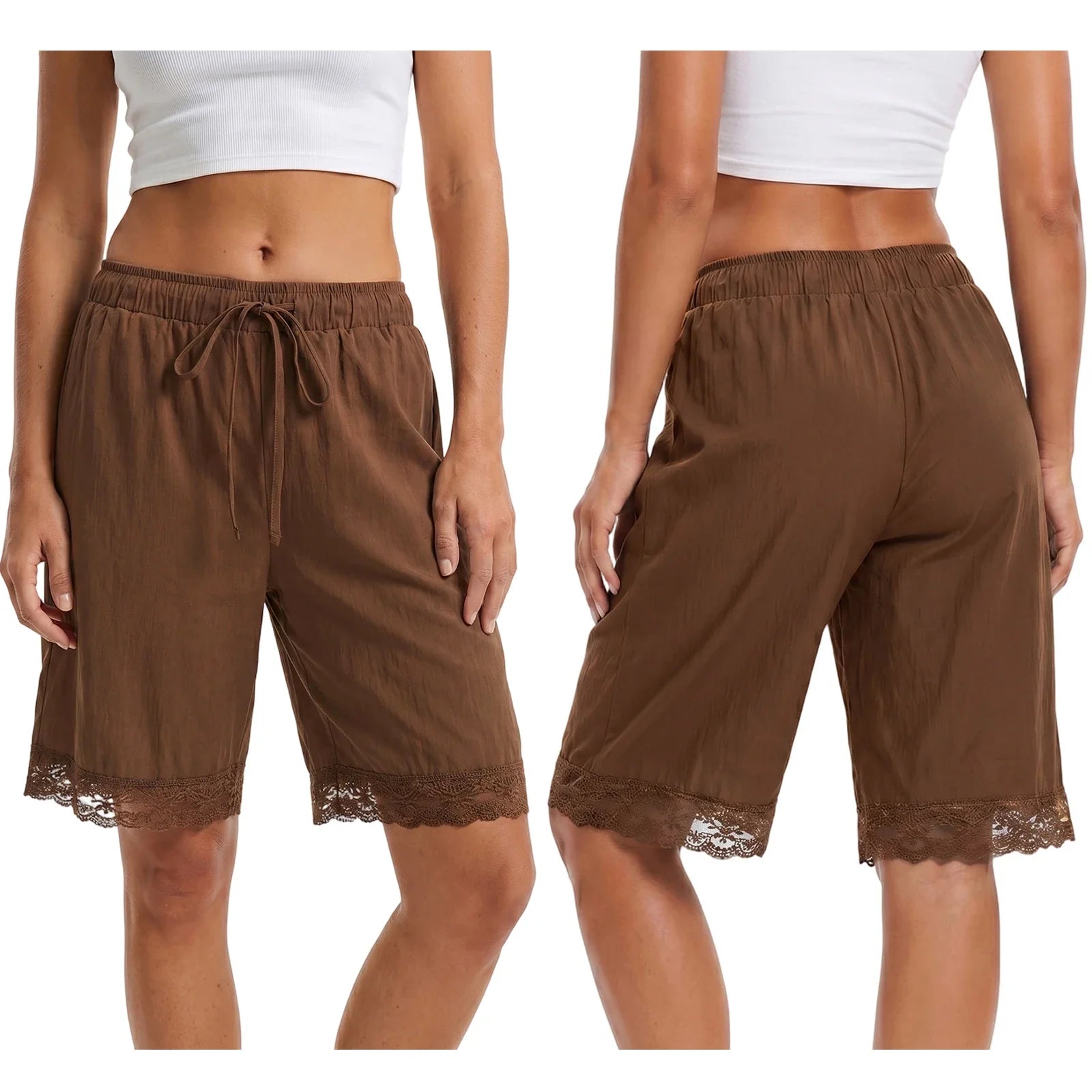 Fashion Women's Loose Shorts Drawstring Elastic Waist Lace Trim Wide Leg Mid Pants Summer Casual Lounge Out Going Shorts