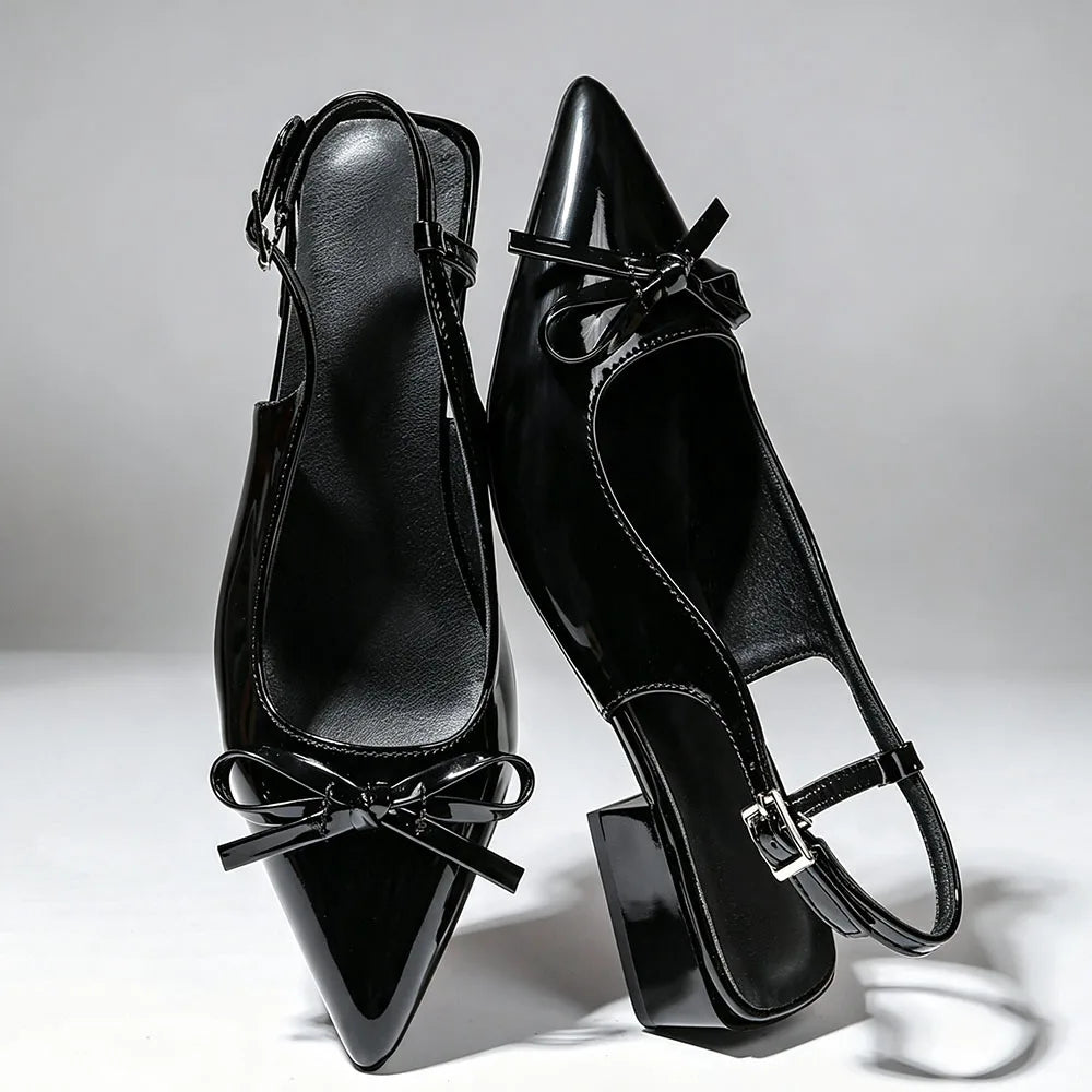 Big Size 42 Vintage y2k Slingback Sandals Women Summer Elegant Nude Bow Knot Pointed Toe 3cm Square Heels Office Lady Shoes