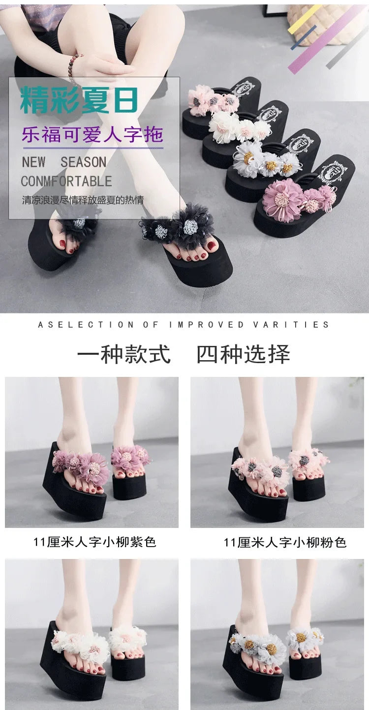 2025 New Beach Flip Flops For Women Summer Wedges Shoes Bohemian Flower Slippers Girls Sexy High Heels Street Platform Sandals