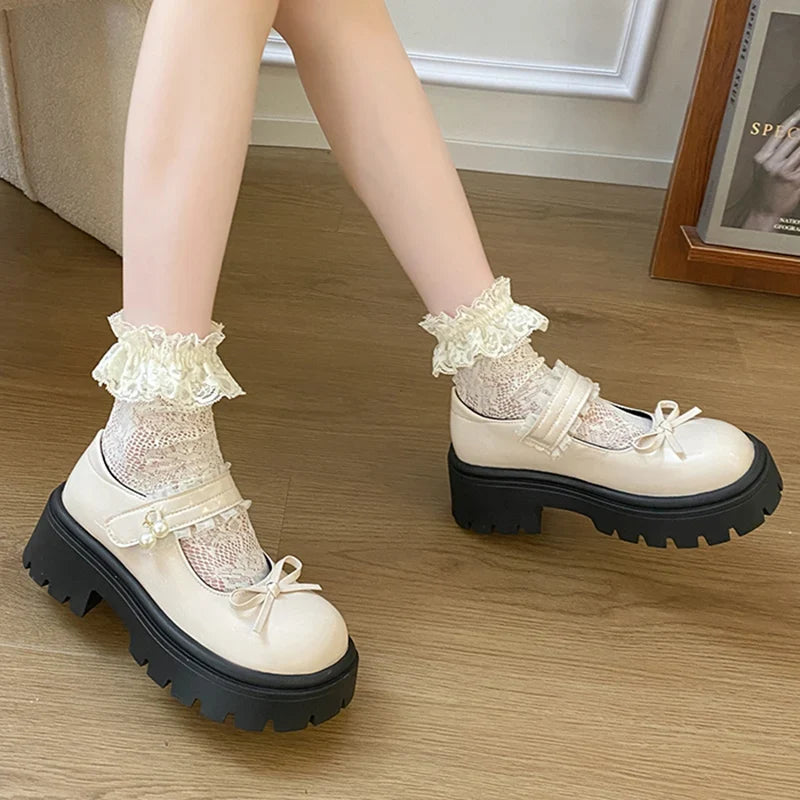 Sweet Bowknot Lace Strap Platform Mary Jane Shoes Women Korean Patent Leather Jk Lolita Shoes Woman 2025 Thick Heel Pumps Female