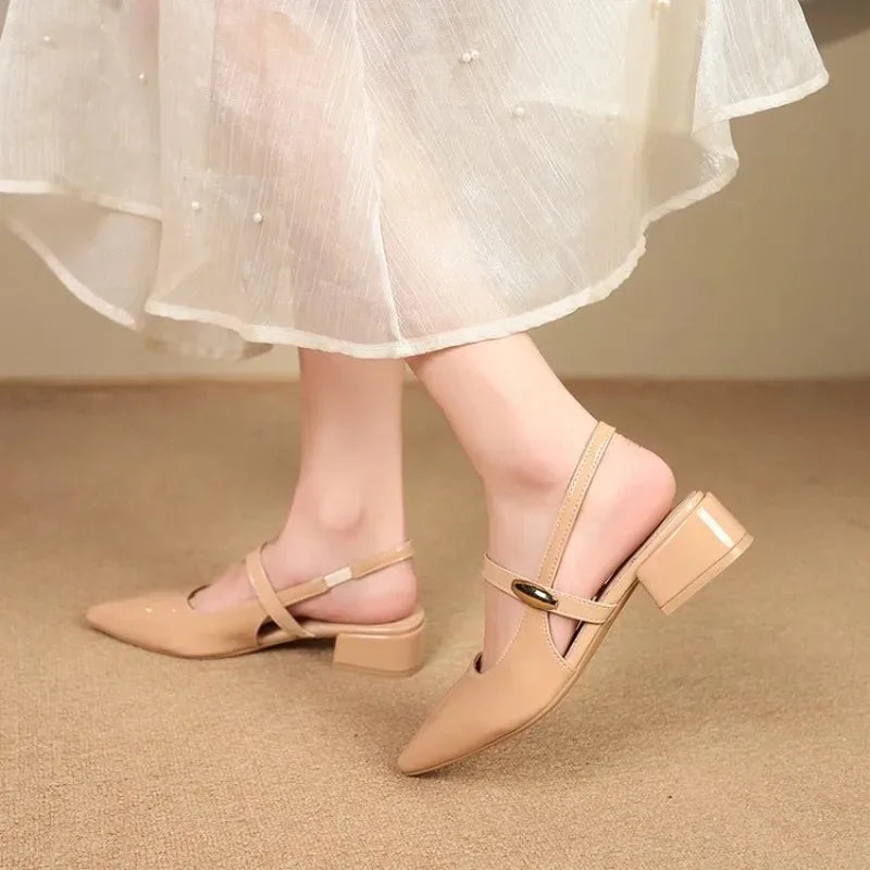 White Leather Pointed Toe Low Heel Heels Woman Shoes Pumps Fashion Buckle Strap Mules Sandals Zapatos Mujer