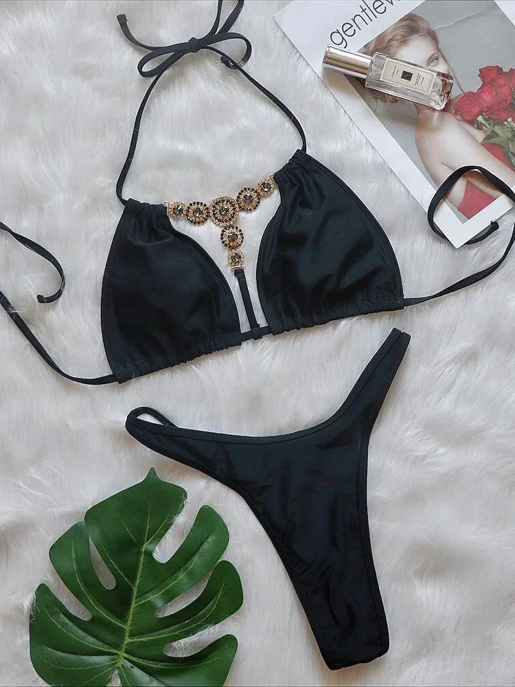 Extreme Mini Micro String Diamond Bikini Women Swimsuit Female Triangle Swimwear Two Pieces Bikini Set Halter Bathing Suit Swim