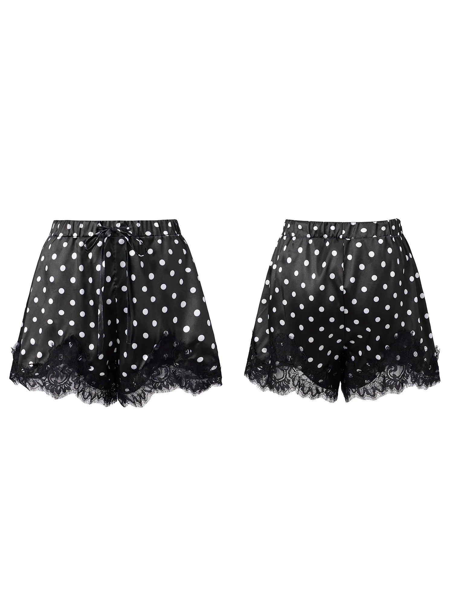 Summer Women's Dots Print Satin Shorts Elastic Waist Loose Lace Trim Hem Short Pants for Daily Casual Lounge Wear