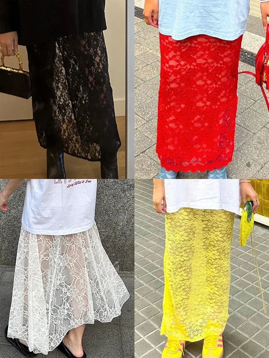 Women's Summer Lace Long Skirts Elegant Low Waist Solid Color See-Through Midi Skirts Slim Fit Skirts