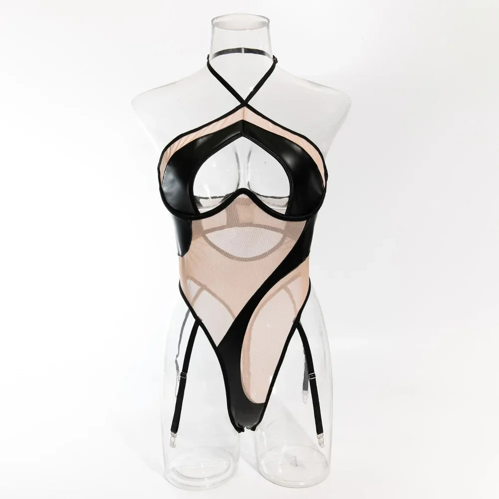 DEKA-See Through Mesh Bodysuit for Women, Matching Halter, Lace Up Bathing Suit, Push Up Swimsuit, Beach Swimwear
