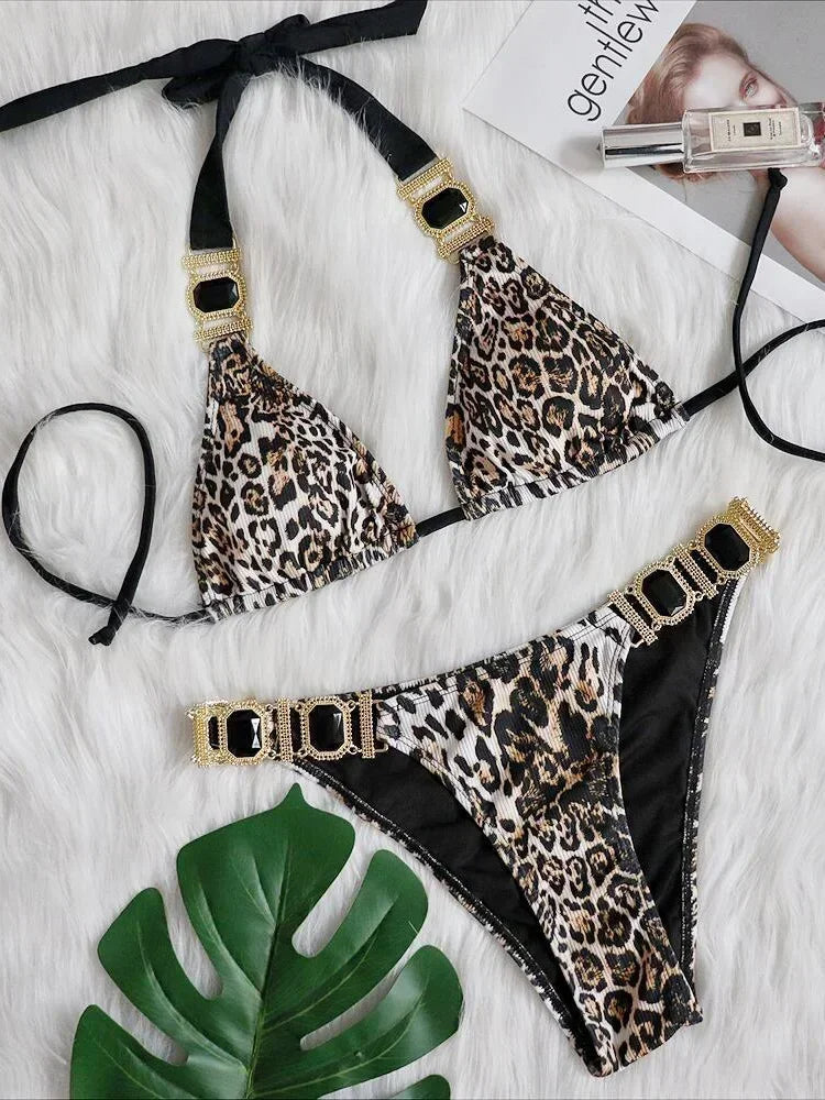 Sexy Leopard Halter Rhinestone Diamond Bikini Women Swimsuit Female Swimwear Two Pieces Bikini Set Ribbed Bathing Suit Swim Lady