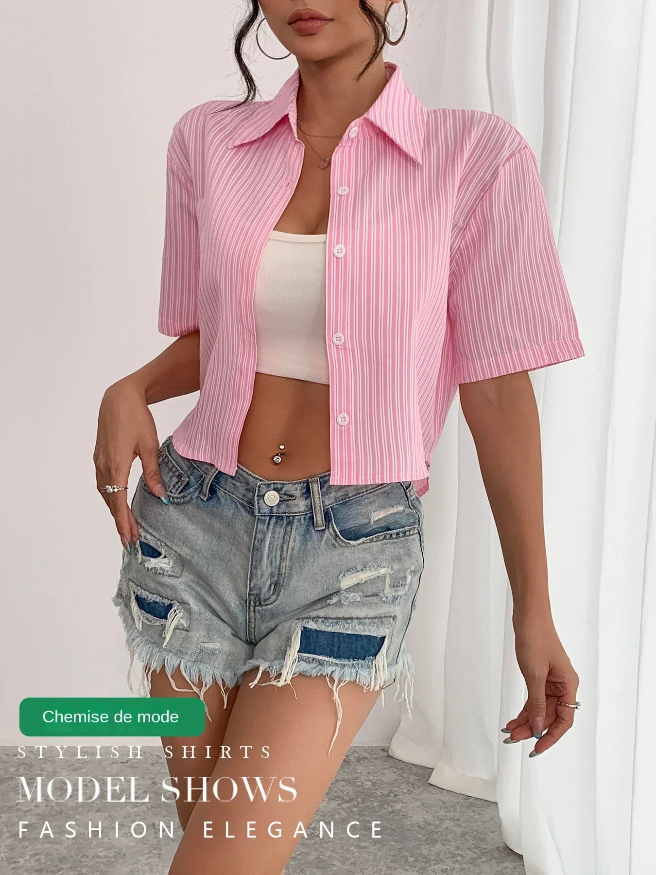 Y2K Style Pink Striped Crop Blouse for Women Short Sleeve Lapel Button-Up Women's Shirt Back Tie Top Lady Summer Casual Outfit