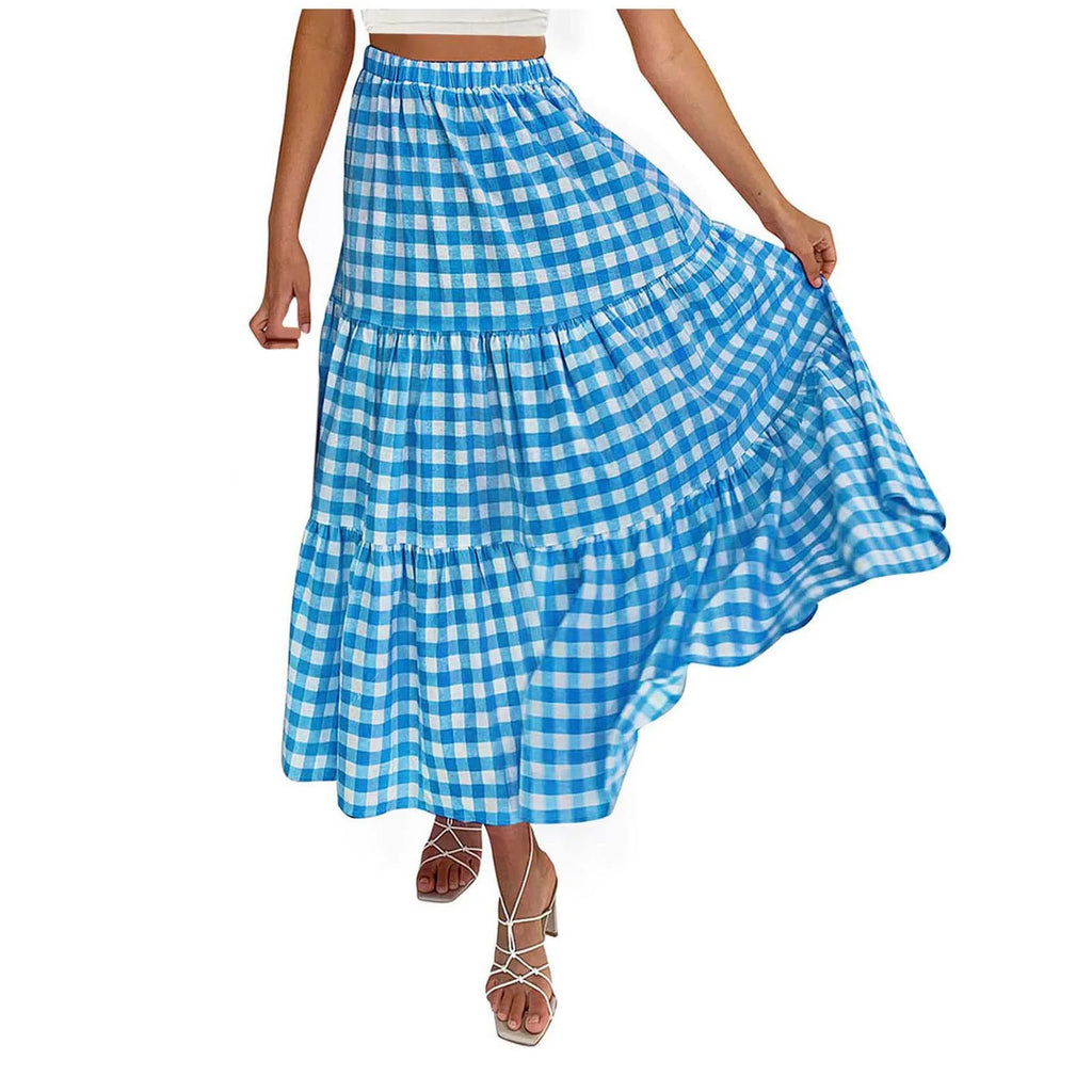 2026 Summer Vintage Checkered Maxi Skirt Women High Waisted Elastic Plaid Ruffle Long Skirts Retro Sweet Cake A  Line Skirts