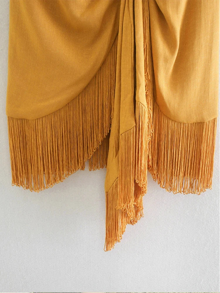 Foridol High Waist Bodycon Tassel Mini Skirt Women Summer Spring Irregular Slit Brown Short Bowknot Skirt Ladies Bottoms Brown