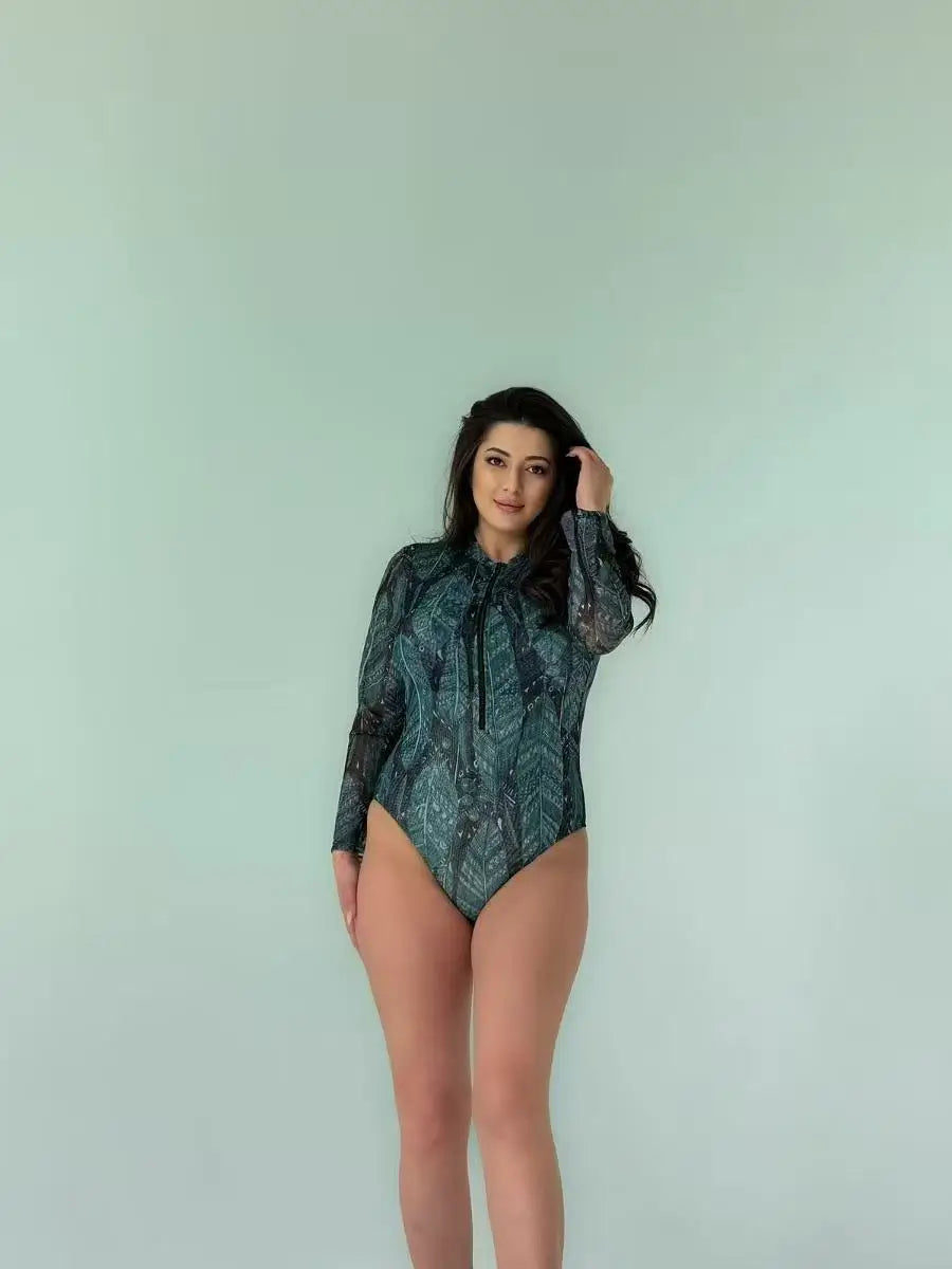2025 New Long Sleeve Vintage Print One Piece Swimwear Zipper Conservatism Women Bathing Suit With Long Pants Surfing Swim Suit