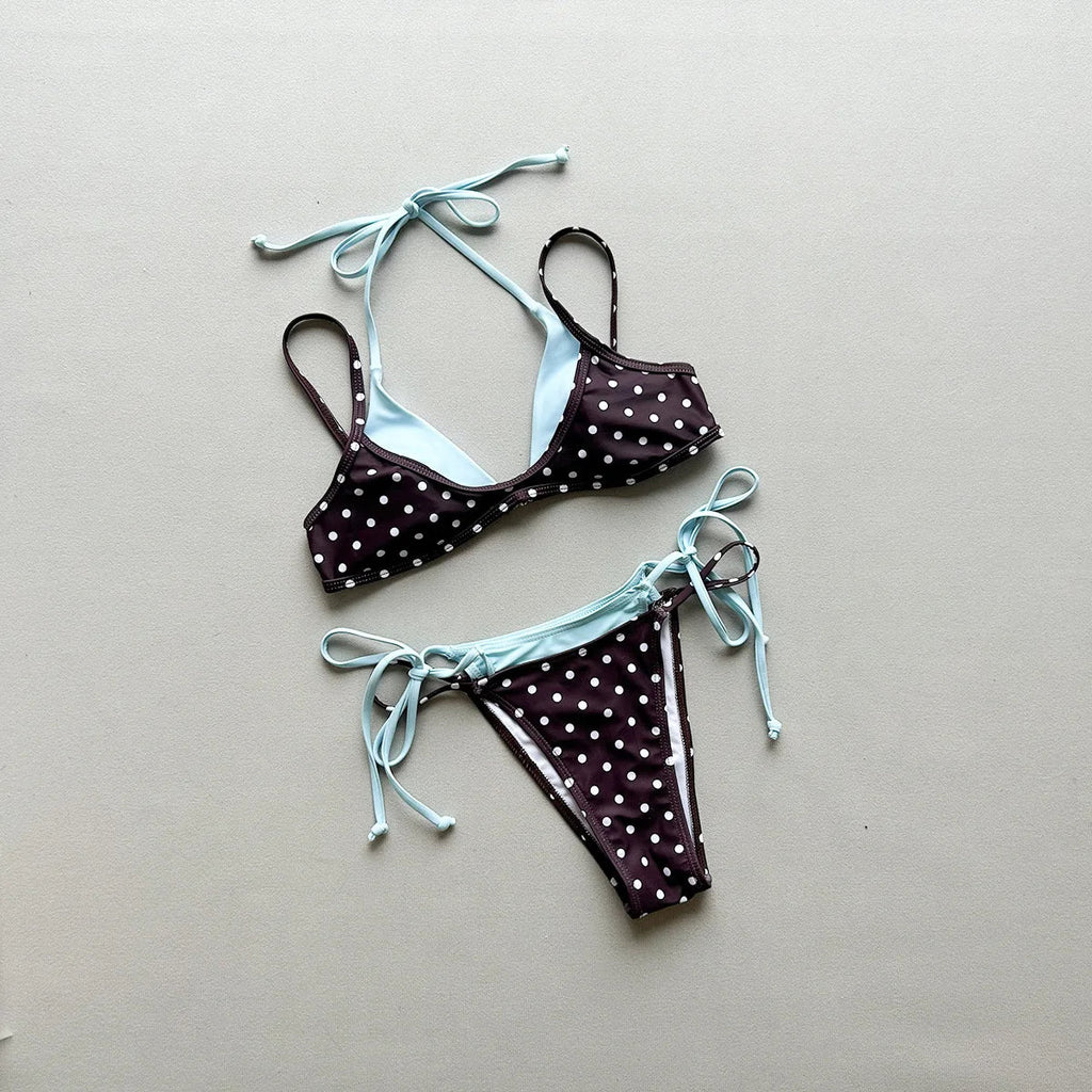 2026 New Summer Women's 2 Pieces Suit Swimwear Sexy Strappy Halter Lace-up Swimsuit Backless Low Waist Push Up Bikini Beachwear