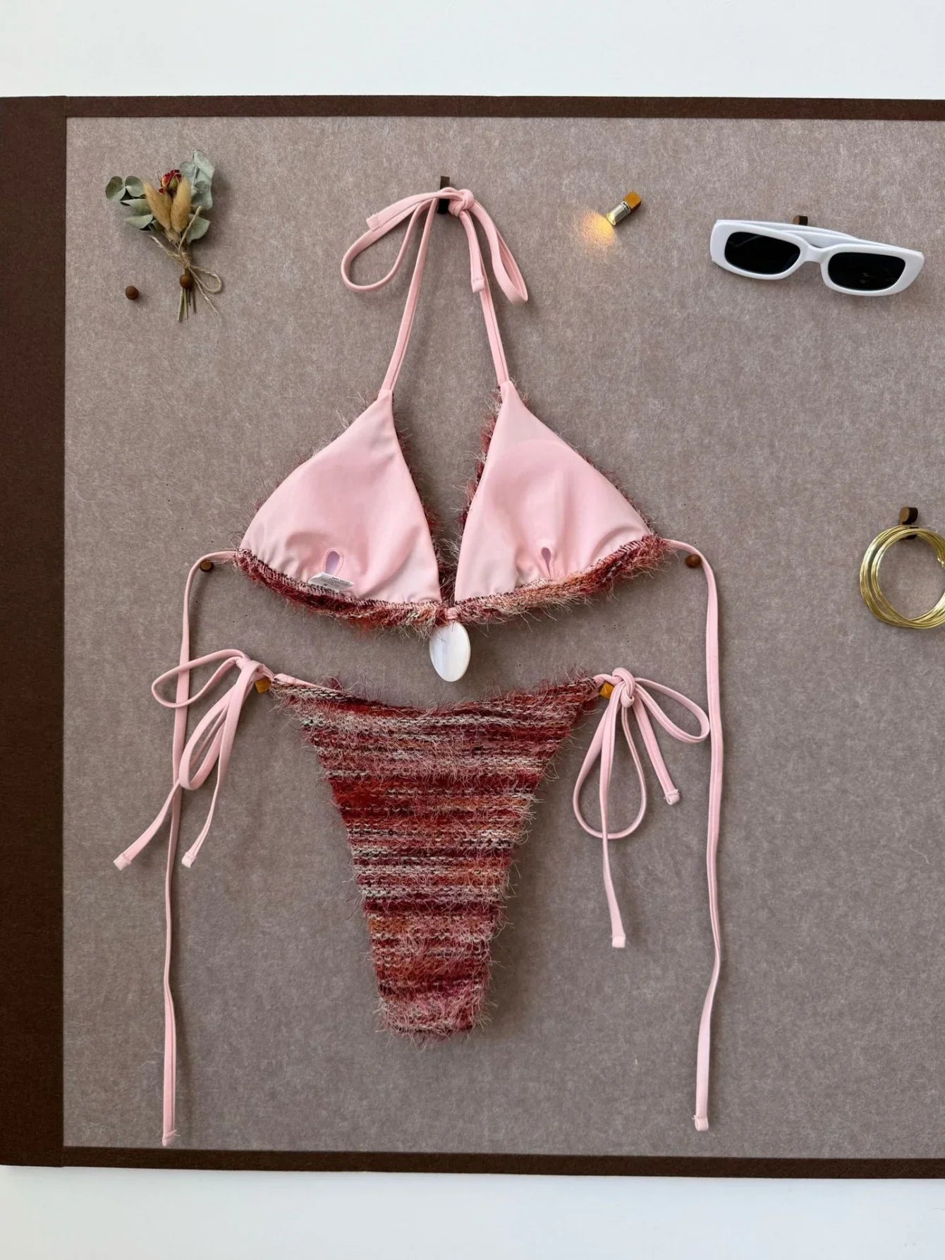 Sexy Coffee Striped Micro Bikini 2026 Women Towel Cloth Circle Push Up Bra Tie Side Thong Swimsuit Bathing Suit Holiday Swimwear