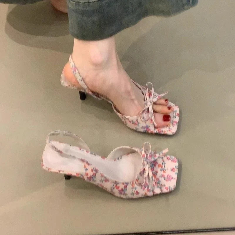 Summer Butterfly-knot Floral Women Sandals Fashion  Ladies Outdoor Square Toe Dress Sandalias