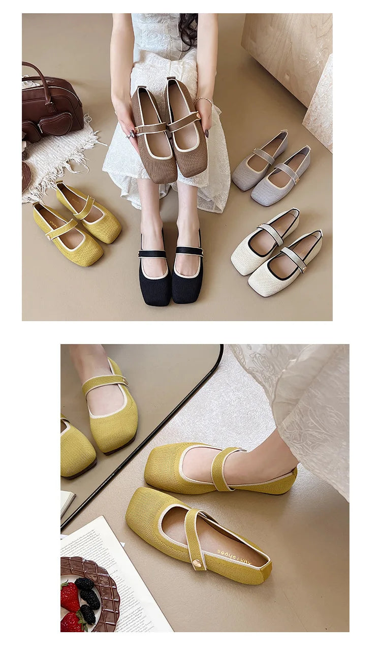 2026 New Mary Jane Shoes Woman Summer Autumn Leisure Flats Breathable Knitted Square Toe Female Daily Walking Driving Flat Shoes