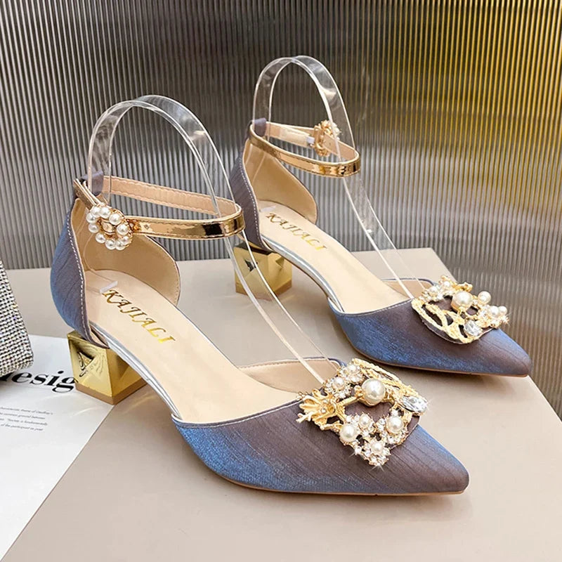 ZOKI Fashion Pearl Buckle Square Heels Pumps Women Pointed Toe Bling Crystal Party Shoes Woman Elegant Med Heels Bride Shoes