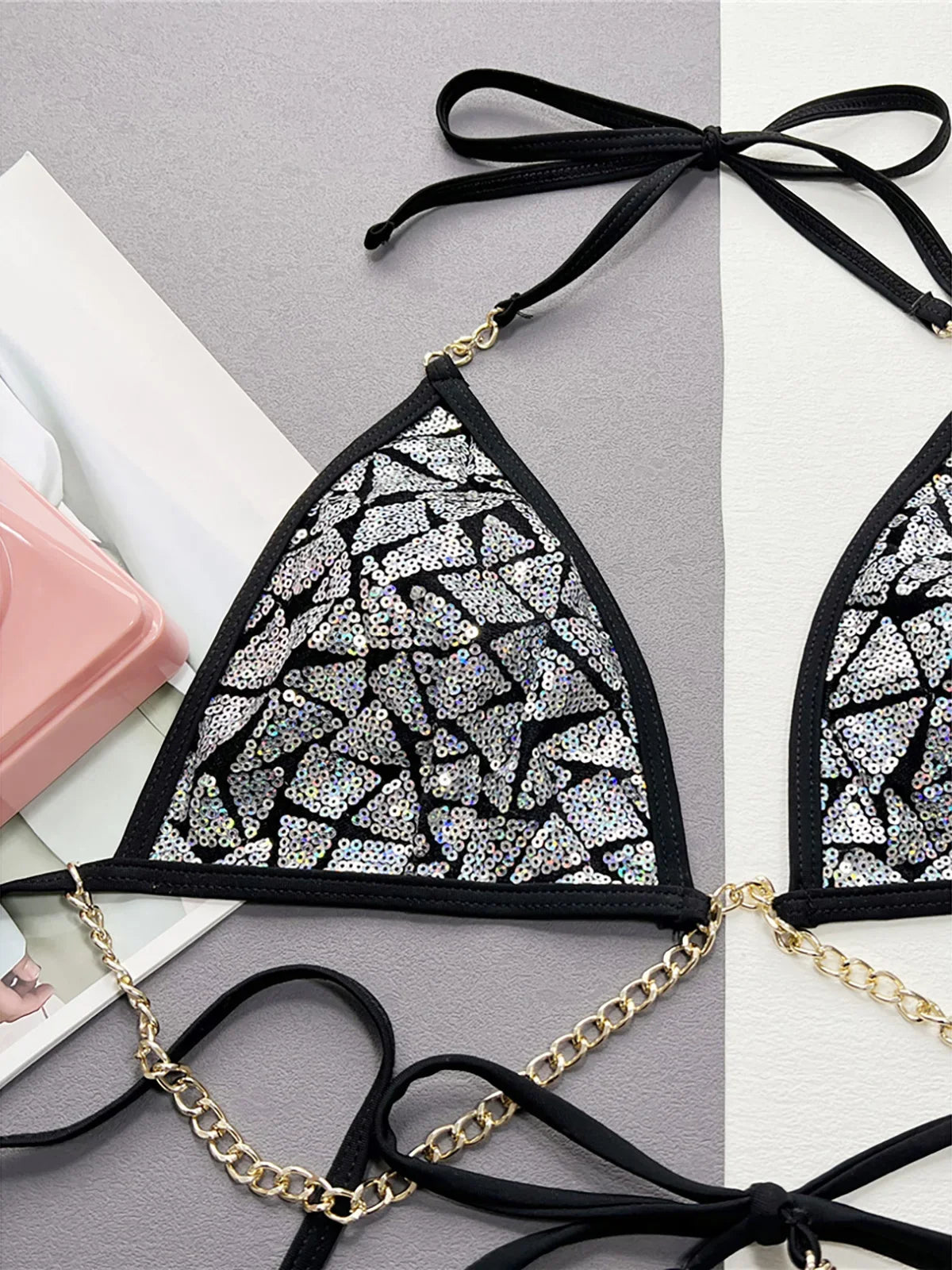 New Bling Sequins Halter Metal Chains Bikini Women Swimwear Female Swimsuit Two-pieces Bikini set Bather Bathing Suit Swim K4865