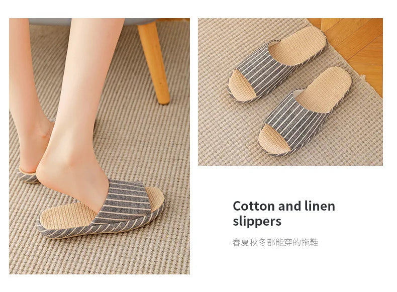 Breathable Linen Slippers For Women Men Summer House Shoes Striped Design Soft Sole Anti-Slip Couples Home Floor Cotton Slides
