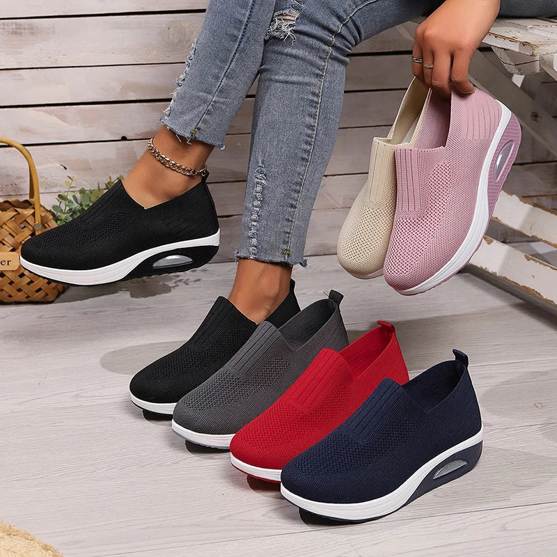 Breathable Knit Wedges Sneakers Woman Spring Autumn Slip On Platform Sport Sneakers Woman Plus Size Thick Sole Walking Shoes