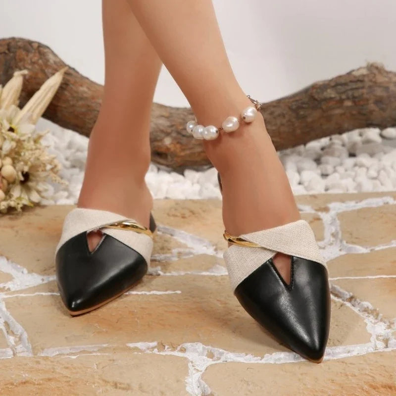 slippers women low heel cutout  slides shoes for womenmetal heel flip flops big size