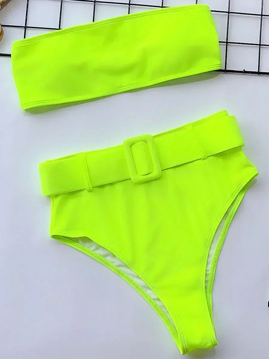 Neon Green Bandeau Swimsuit High Waist Bikini 2025 Women Swimwear Female Two pieces Bikini set Buckle Waistband bathing suit