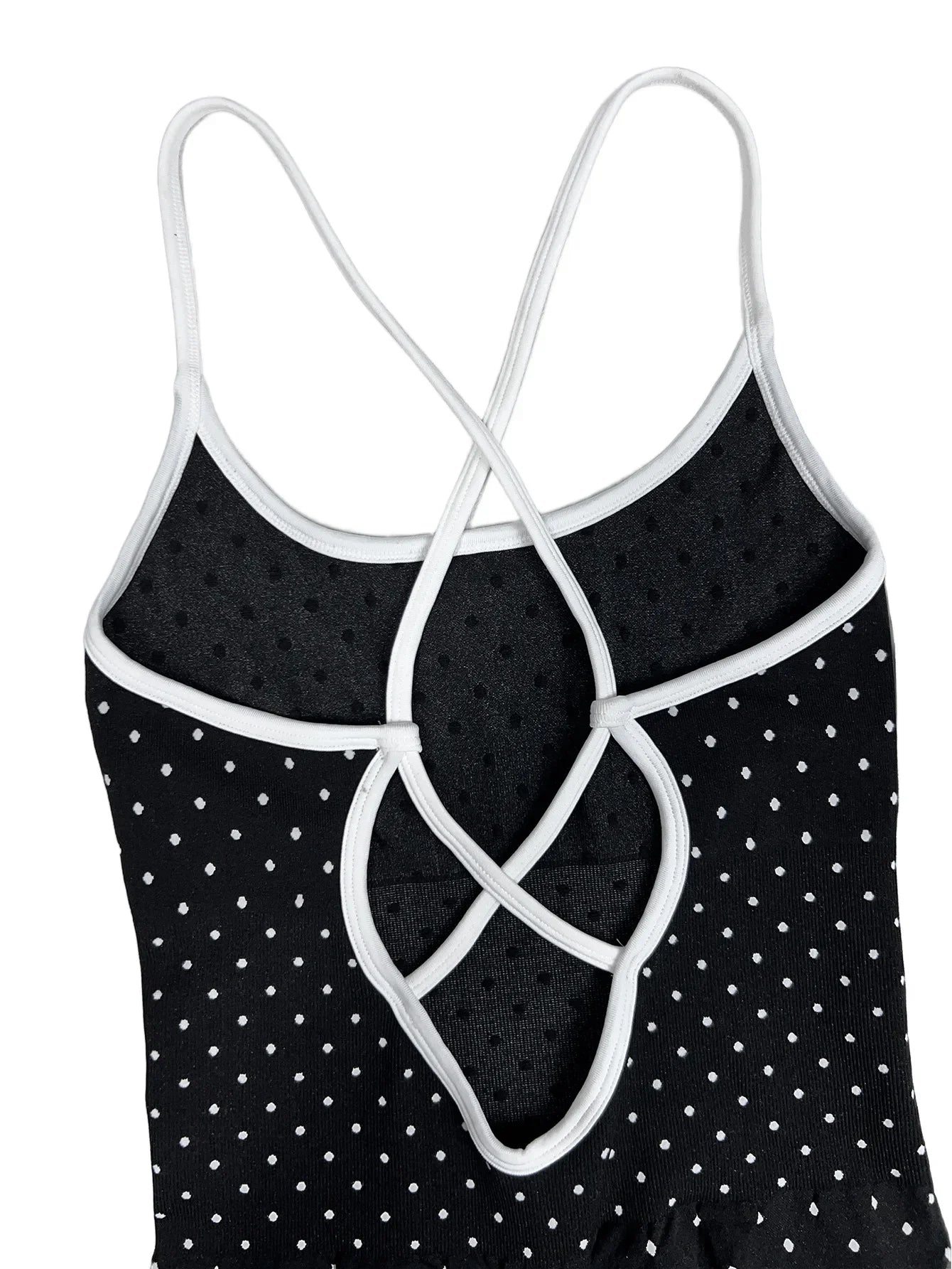 Sexy Black Polka Dot Print Patchwork Yoga Jumpsuit Women Sleeveless Hollow Out Backless Cross Fitness Sports One Piece Suits