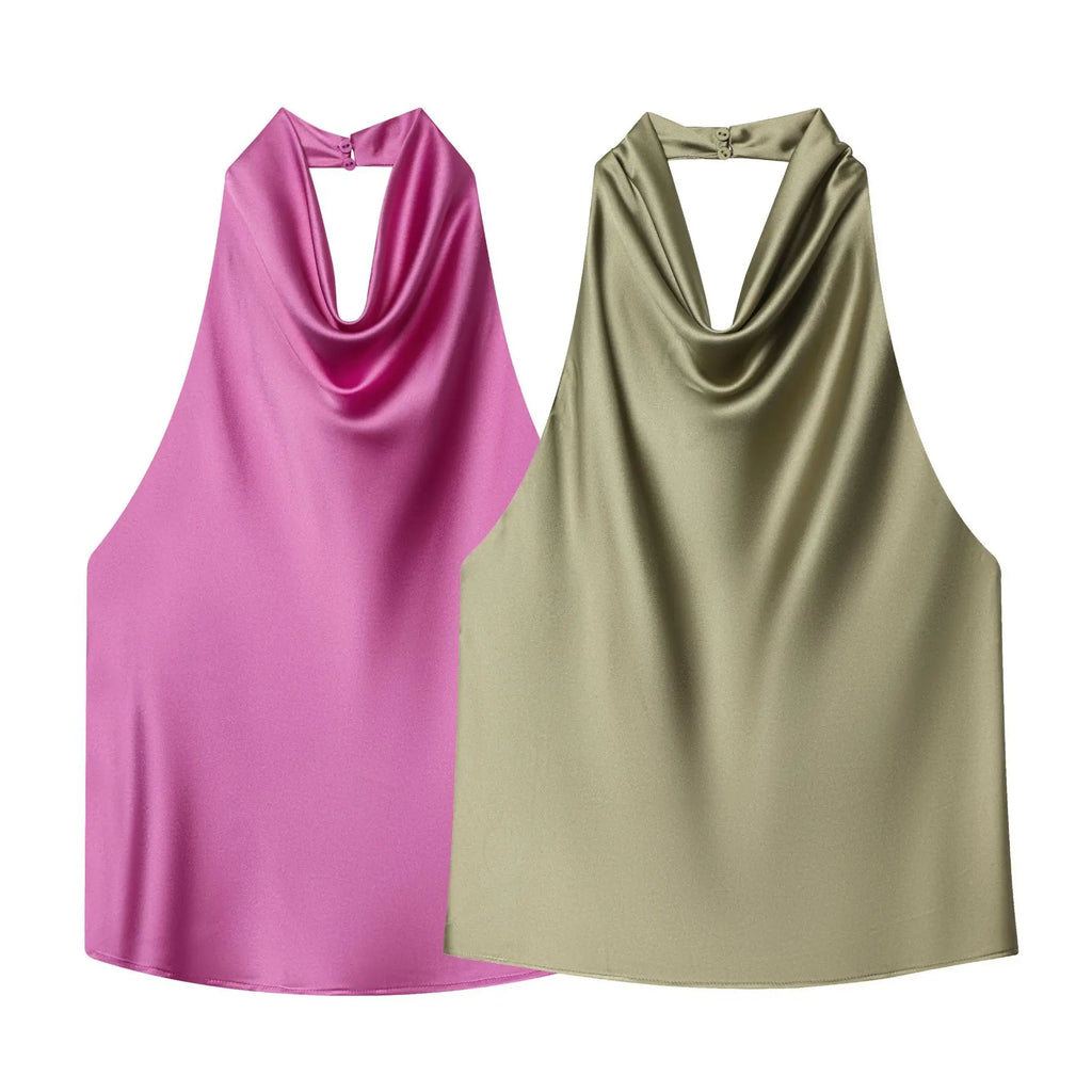 Women's Fashionable Sleeveless Halter Neck Top With Silk Satin Cowl Backless Sleeveless Blouse For Women Elegant Summer Top 3QM8