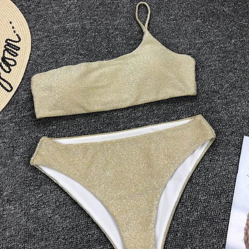 Sexy Shiny Sparkling One Shoulder Bikini Female Swimsuit Women Swimwear Two-pieces Bikini Set High Waist Bathing Suit Swim Lady