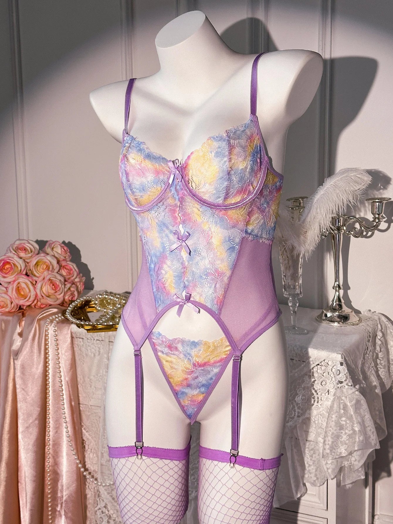Toucheart Erotic Lingerie with Stockings See-through Color Lace Uniform Body Shaping Patchwork Intimate Seductive Underwear Set