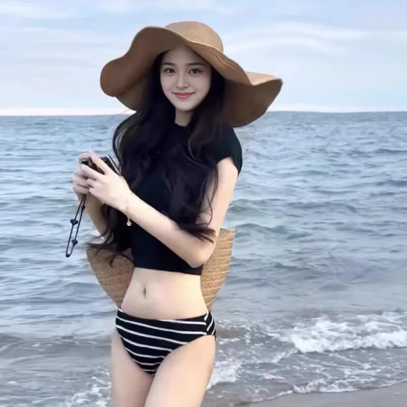 New Bikini Three Piece Set with Short Sleeves for Slimming and Sexy Swimsuit for Women's Vacation Beach Swimsuit