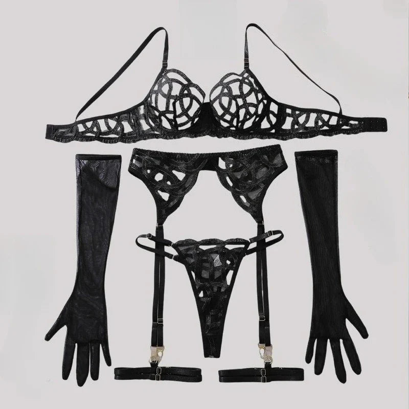 Toucheart Sexy Mesh Solid Color Lace See-through Interesting Hollow Out Underwear Garters Backless Steel Ring Patchwork Sexy Set