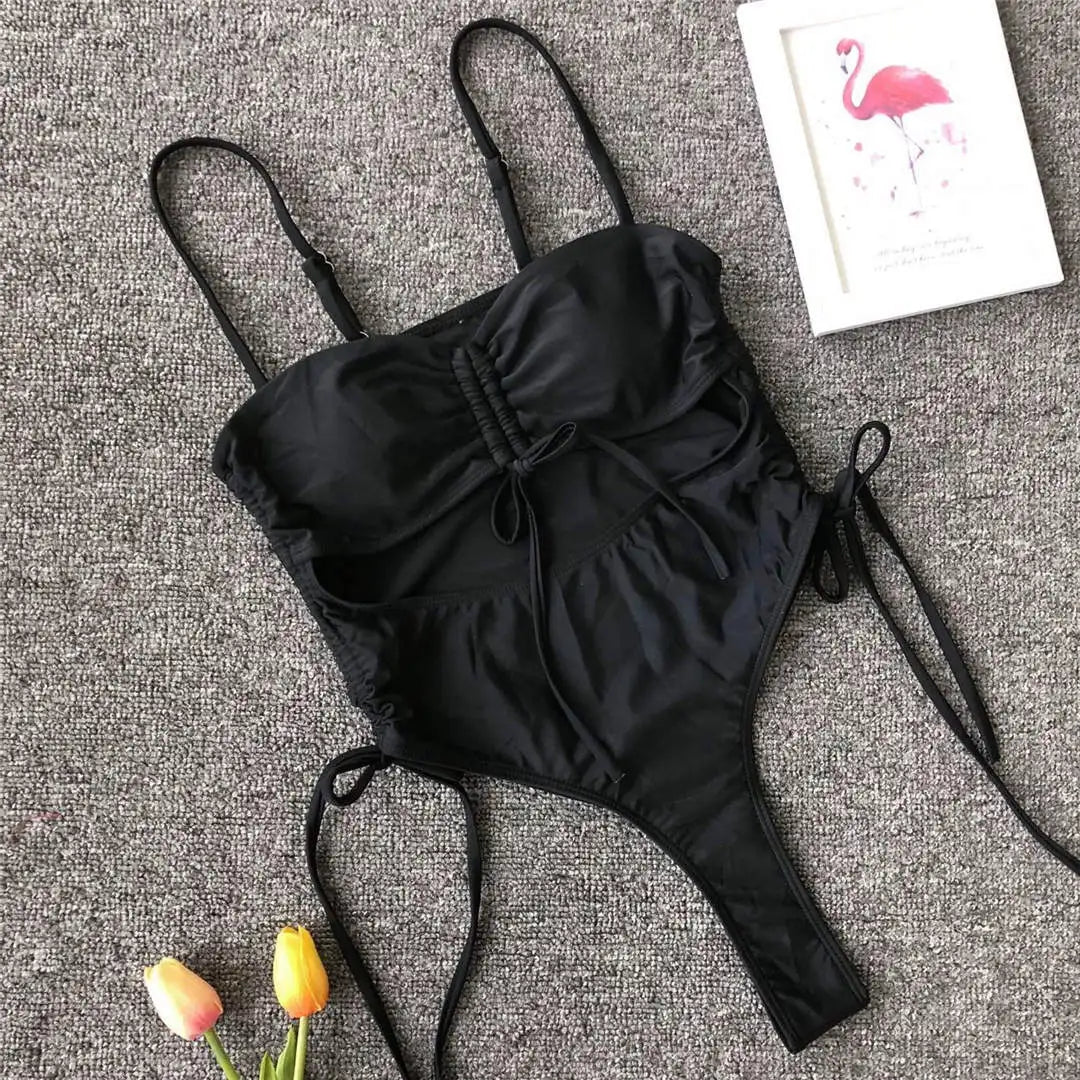 Sexy Lace Up Tummy Cut Out Monokini One Piece Swimsuit Women Swimwear Female Leopard Thong Bather Bathing Suit Swim Wear V1290