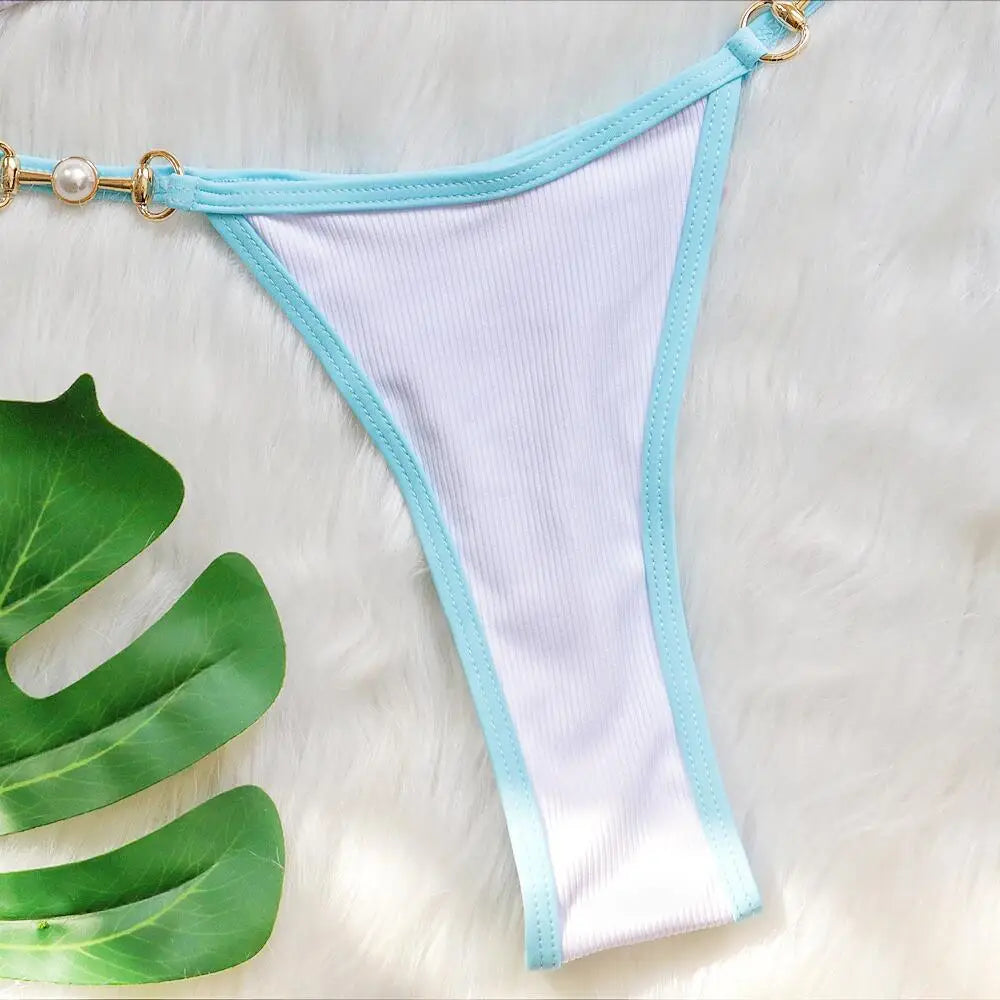Sexy Halter Pearl Extreme Mini Micro Bikini Female Swimsuit Women Swimwear Two-pieces Bikini set Ribbed Bather Bathing Suit Swim
