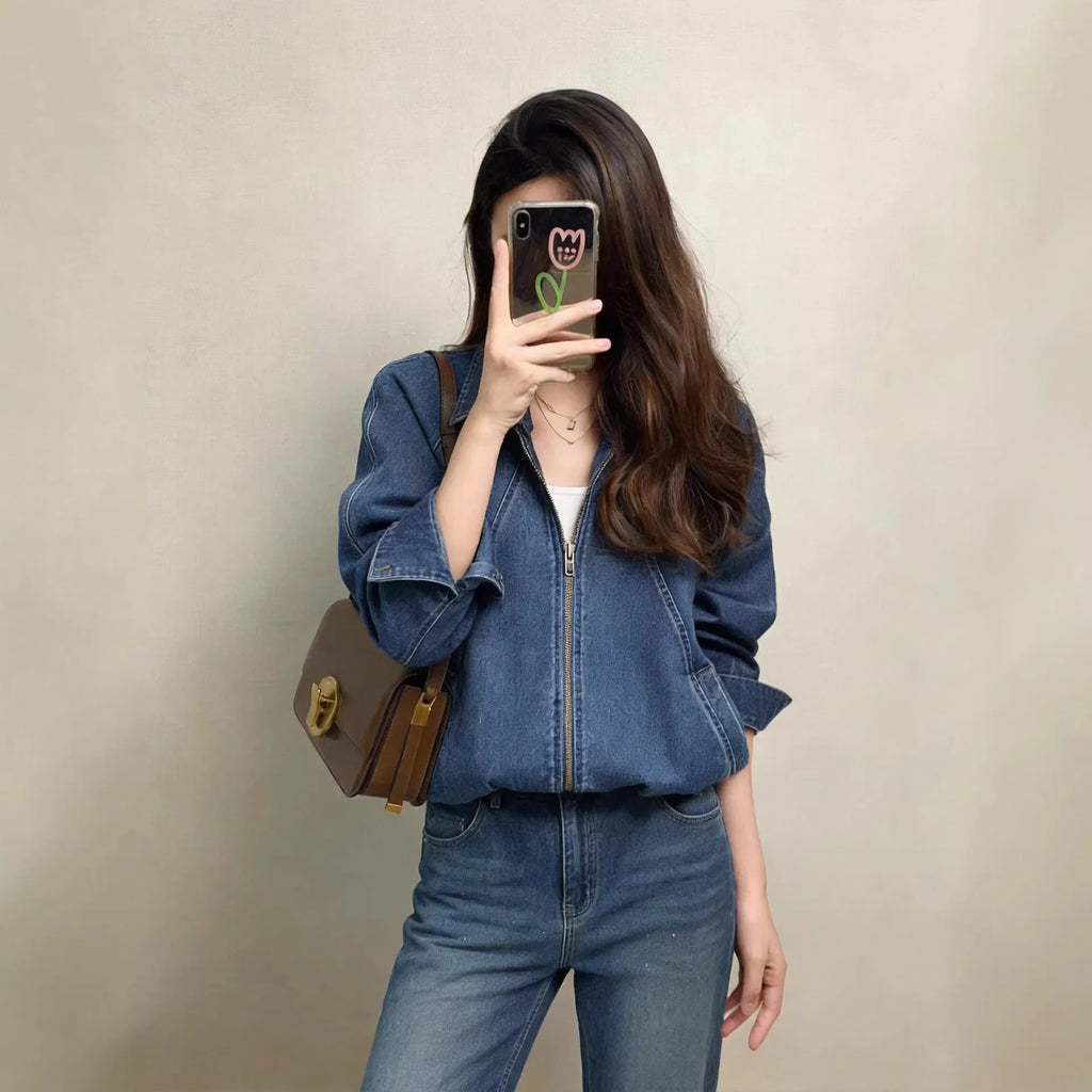 Spring denim shirt petite short denim lapel jacket