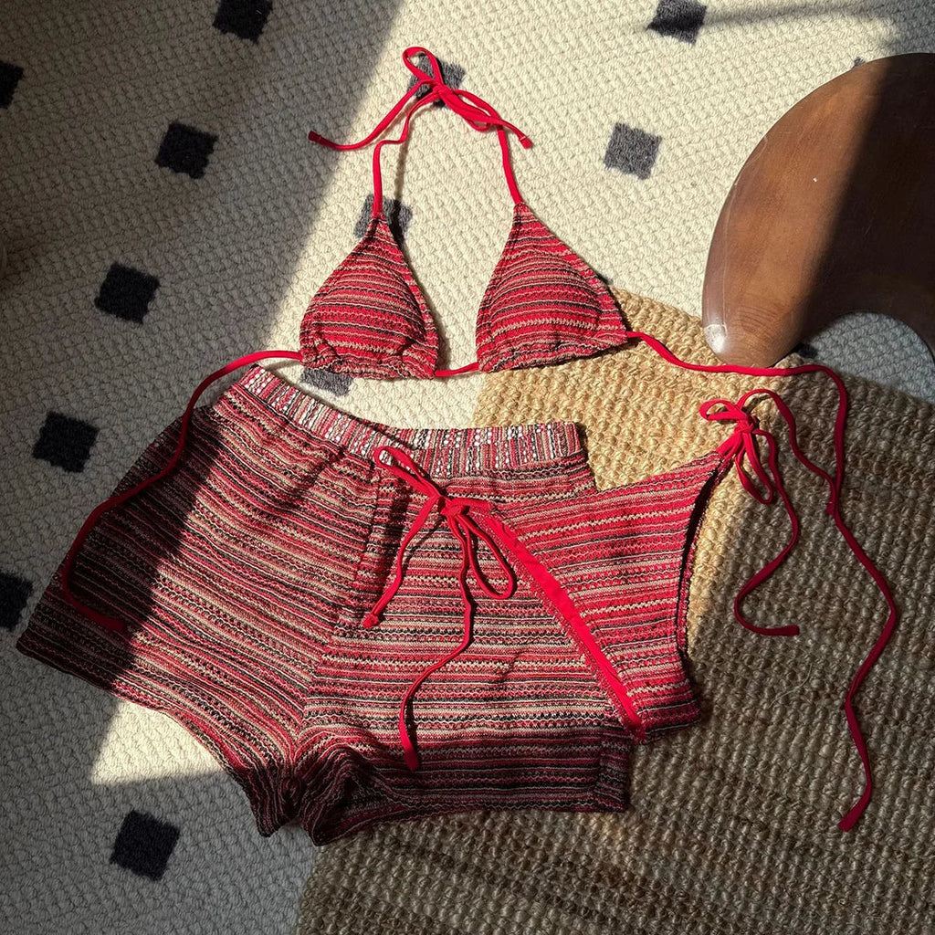 Striped Halter High Cut With Shorts Bikini Three-pieces Bikini set Female Swimsuit Bathing Suit Women Swimwear Bather Swim V6326