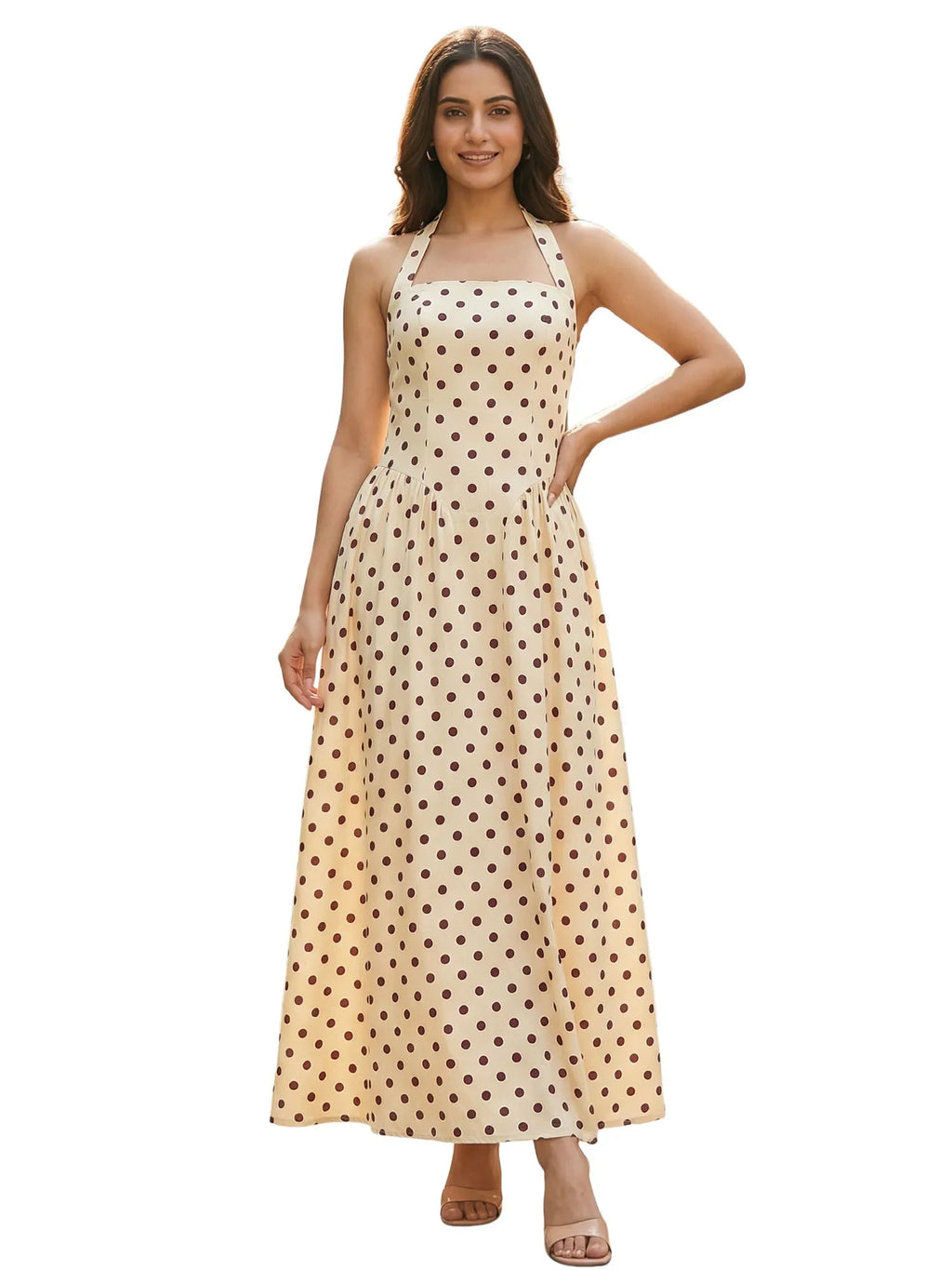 Women's Summer Halter Neck Long Dress Dot Print Sleeveless Backless A Line Dresses for Beach Party