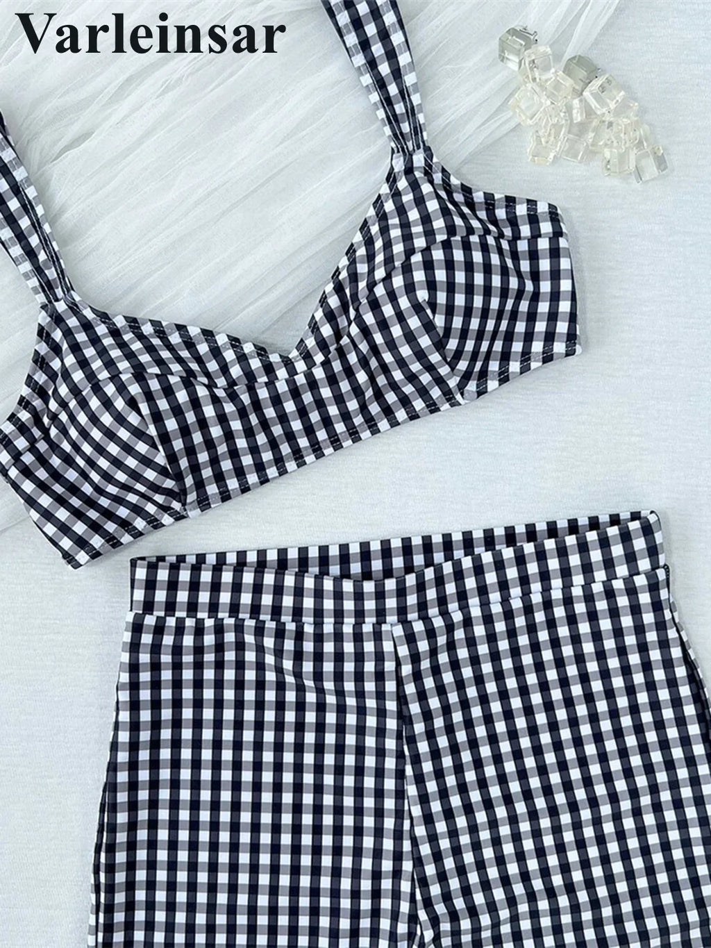 Plaid V Neck Shorts Female Swimsuit High Waist Bikini Women Swimwear Two-Pieces Bikini Set Padded Bather Bathing Suit Swim V8272