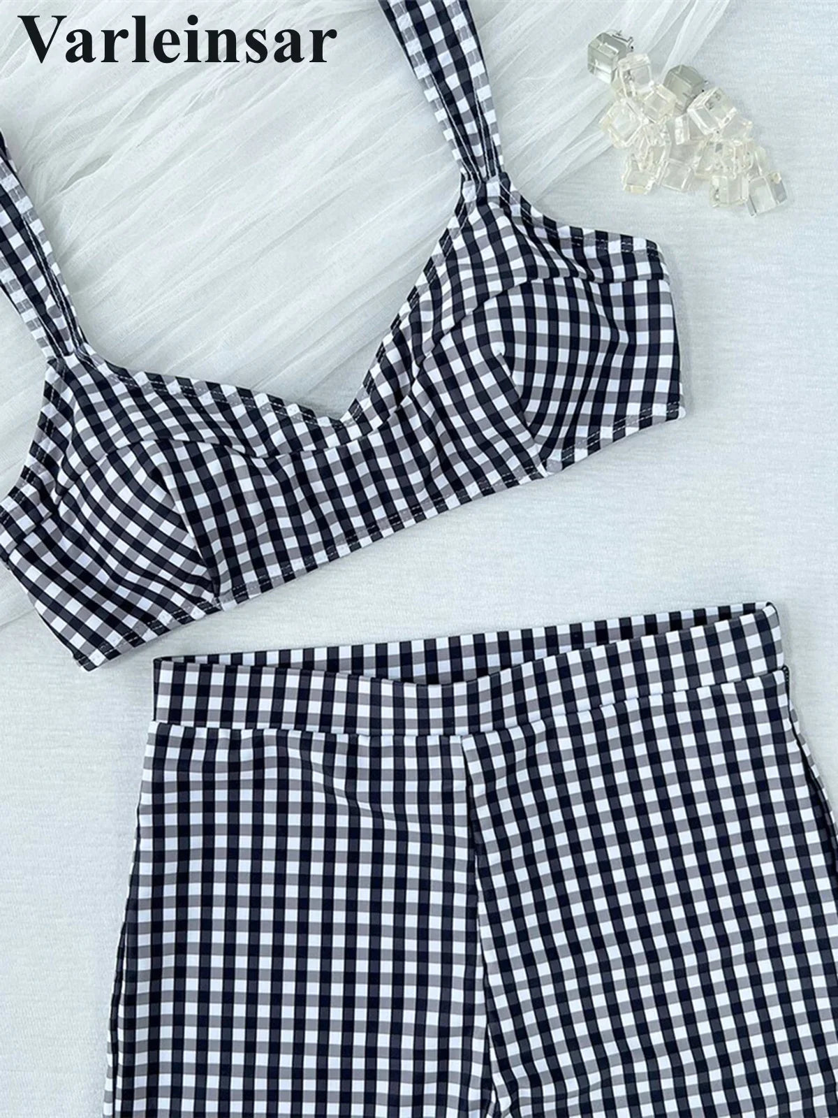 Plaid V Neck Shorts Female Swimsuit High Waist Bikini Women Swimwear Two-Pieces Bikini Set Padded Bather Bathing Suit Swim V8272
