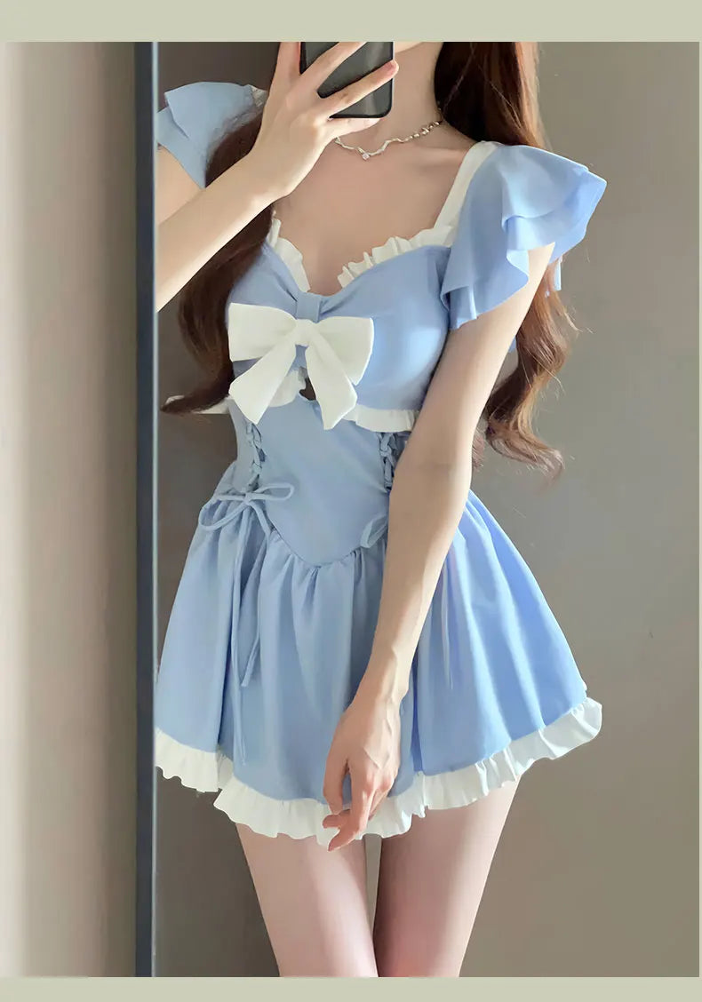 Korea Style One Piece Swimsuit with Skirt Monokini 2024 Women Front Bow Push Up Pleate Tummy Control Beach Bathing Suit Swimwear