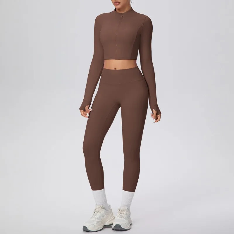 New Women Yoga Set Solid Color Double-Sided Brushed Bare Feel Short Long-Sleeve Jacket Tight Pants Running Fitness 2-Piece Set