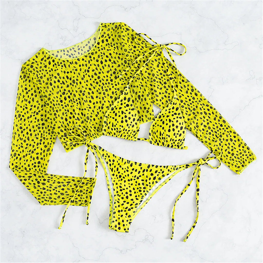 S- XXL Leopard Printed Long Sleeve Bikini Women Swimwear Female Swimsuit Three-Pieces Bikini Set Bather Bathing Suit Swim V3193Y