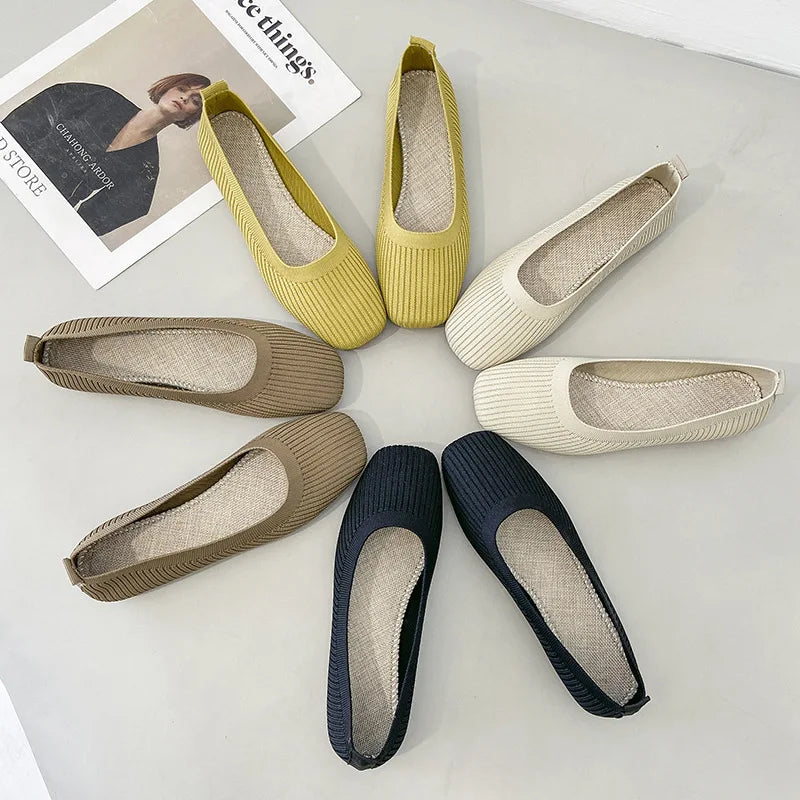 Women Leisure Flats Summer Autumn Flat Shoes Breathable Knitted Square Toe Slip-on Female Daily Walking Driving Loafers