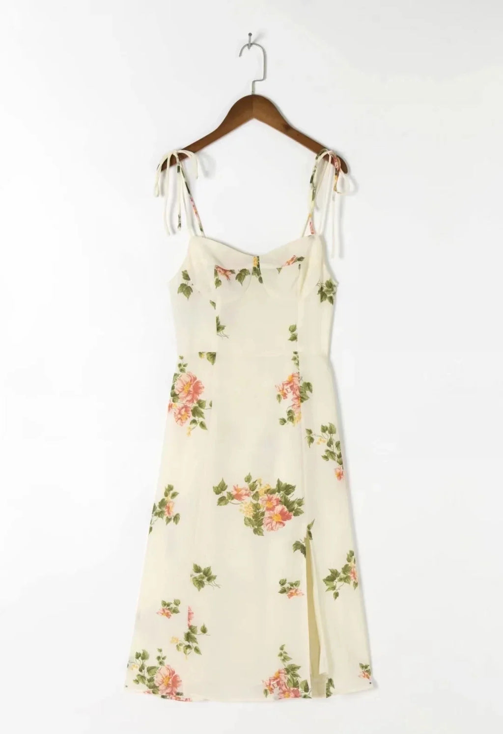Spaghetti Strap Lace Up Beige Chiffon Summer Dress Sexy Slip Midi Sleeveless Dress Robe Big Flower Print Women Beach Dress Boho