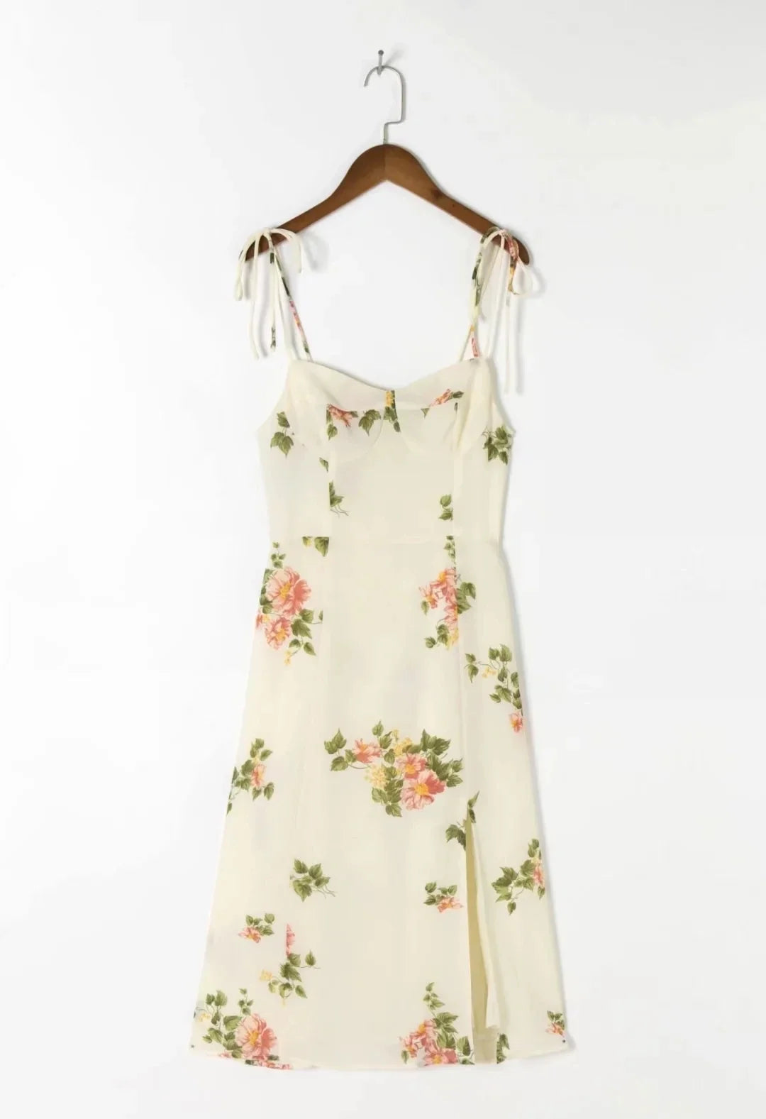 Spaghetti Strap Lace Up Beige Chiffon Summer Dress Sexy Slip Midi Sleeveless Dress Robe Big Flower Print Women Beach Dress Boho
