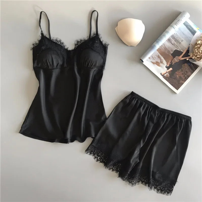 Women Summer Sleepwear Sexy Lace Satin Pajama Sets Lingerie Nightwear Sleeveless Tops+Shorts 2 Pcs Sets Loungewear